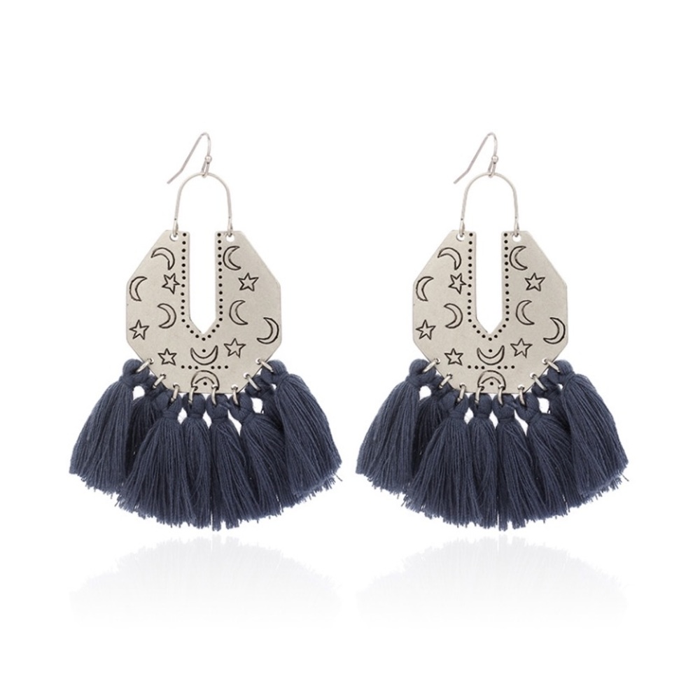 Moon and Star Crescent Tassels Earrings - Picture 10 of 12